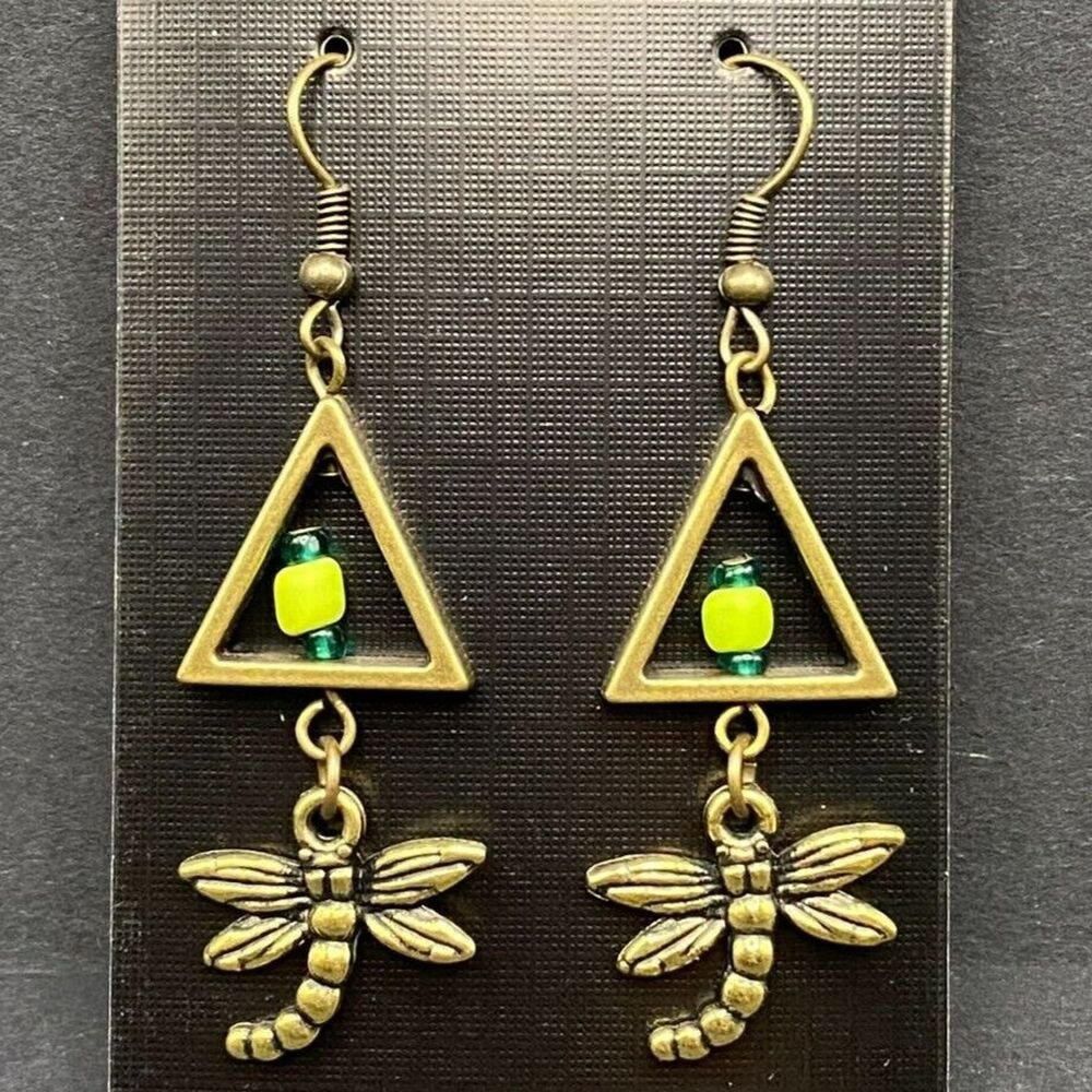 Handmade Dragonfly & Triangle with Green Glass Bead Earrings by Neanie-Bot